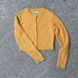 Zara fuzzy Nylon Viscose Poly crop jeweled buttons cardigan S Women Orange NWOT